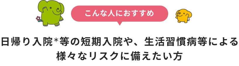 日帰り入院等の短期入院や、生活習慣病等による様々なリスクに備えたい方