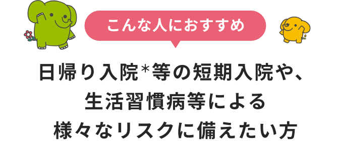 日帰り入院等の短期入院や、生活習慣病等による様々なリスクに備えたい方