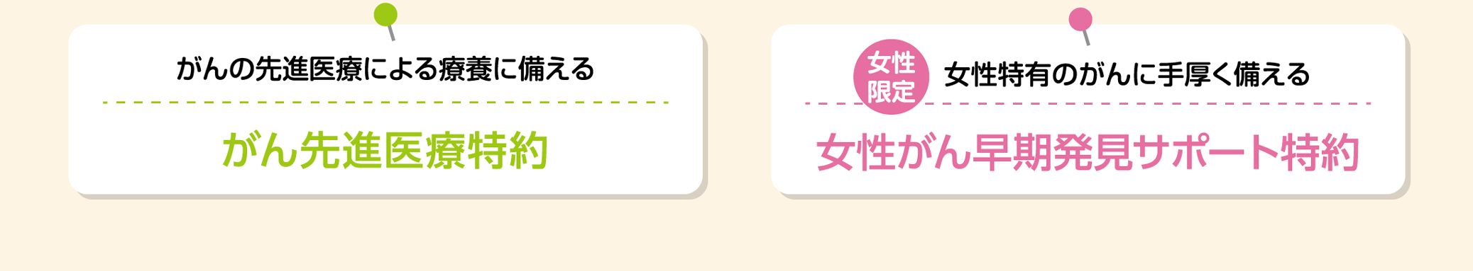 「がんの先進医療による療養に備える がん先進医療特約」「女性特有のがんに手厚く備える 女性がん早期発見サポート特約」