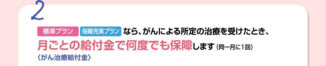 2 保障充実プラン・標準プランなら、がんによる所定の治療を受けたとき、月ごとの給付金で何度でも保障します （同一月に1回） 〈がん治療給付金〉