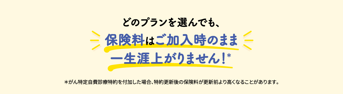 どのプランを選んでも、保険料はご加入時のまま一生涯上がりません！＊ ＊がん特定自費診療特約を付加した場合、特約更新後の保険料が更新前より高くなることがあります。