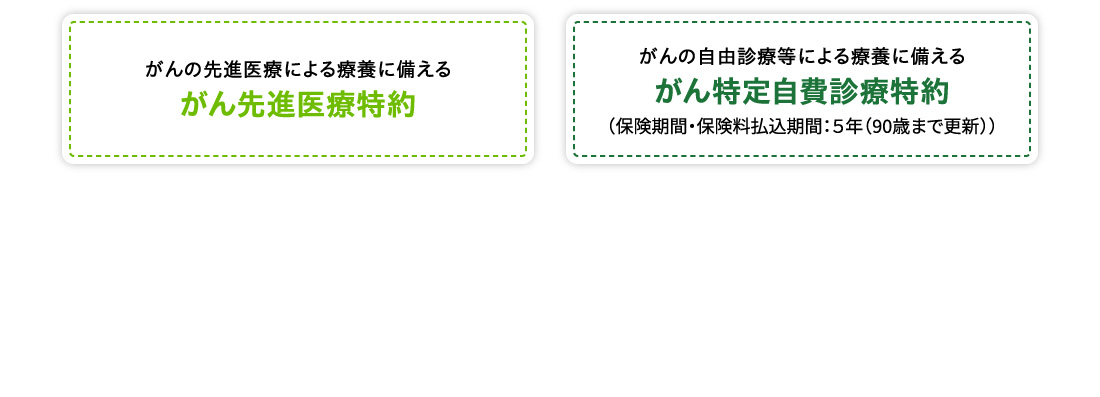 がんの先進医療による療養に備える がん先進医療特約 がんの自由診療等による療養に備える がん特定自費診療特約 （保険期間・保険料払込期間：５年（90歳まで更新））