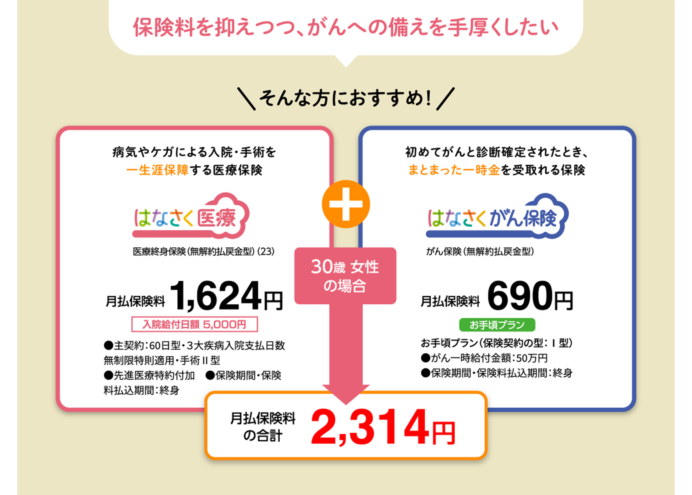 保険料を抑えつつ、がんへの備えを手厚くしたい 月払保険料の合計2,314円