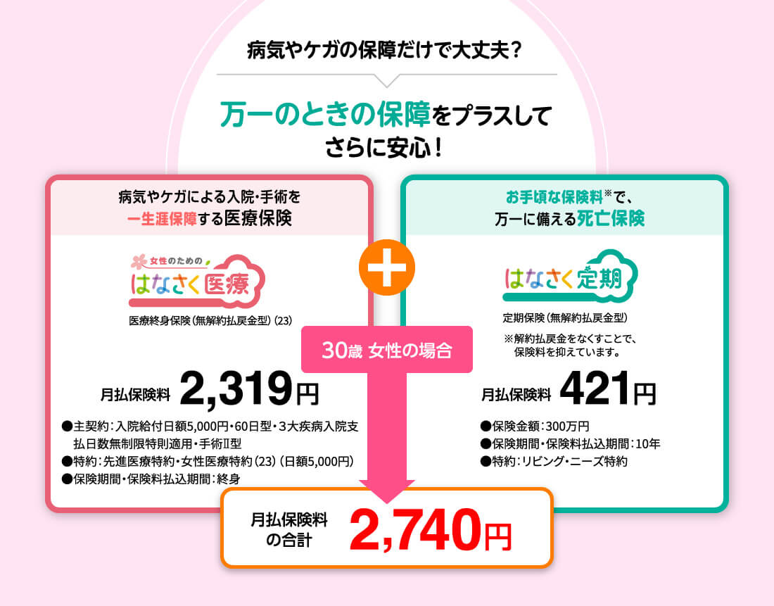 病気やケガの保障だけで大丈夫? 万一のときの保障をプラスしてさらに安心! 病気やケガによる入院・手術を一生涯保障する医療保険 はなさく医療 月払保険料2,319円●主契約:入院給付日額5,000円・60日型・3大疾病入院支払日数無制限特則適用・手術Ⅱ型 ●特約:先進医療特約・女性医療特約(23)(日額5,000円)●保険期間・保険料払込期間:終身 + お手頃な保険料※で、万一に備える死亡保険 はなさく定期 月払保険料421円 ●保険金額:300万円●保険期間・保険料払込期間:10年●特約:リビング・ニーズ特約 30歳 女性の場合 月払保険料の合計2,740円