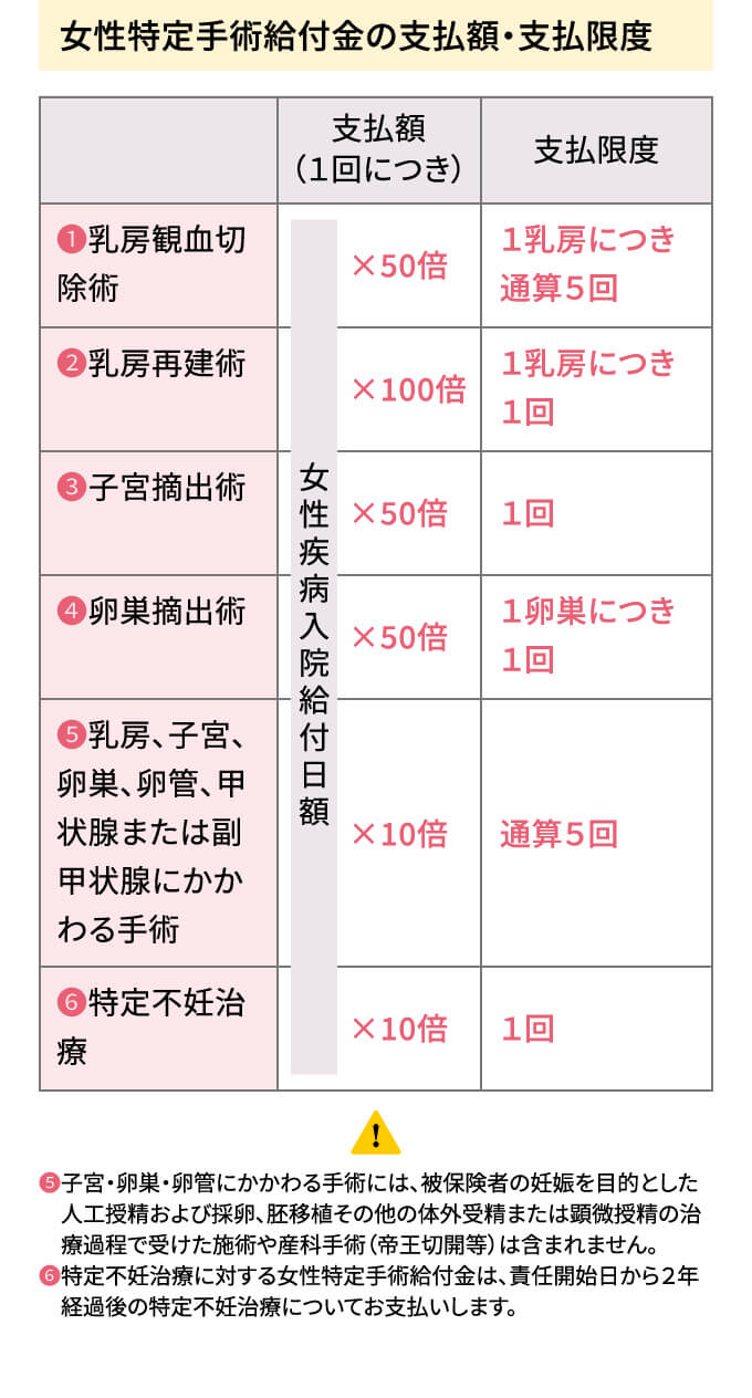 女性特定手術給付金の支払額・支払限度