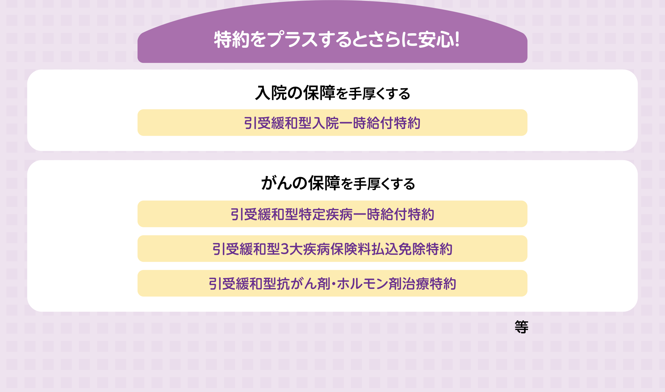 特約をプラスするとさらに安心! 入院の保障を手厚くする 引受緩和型入院一時給付特約 がんの保障を手厚くする 引受緩和型特定疾病一時給付特約 引受緩和型3大疾病保険料払込免除特約 引受緩和型抗がん剤・ホルモン剤治療特約等 等