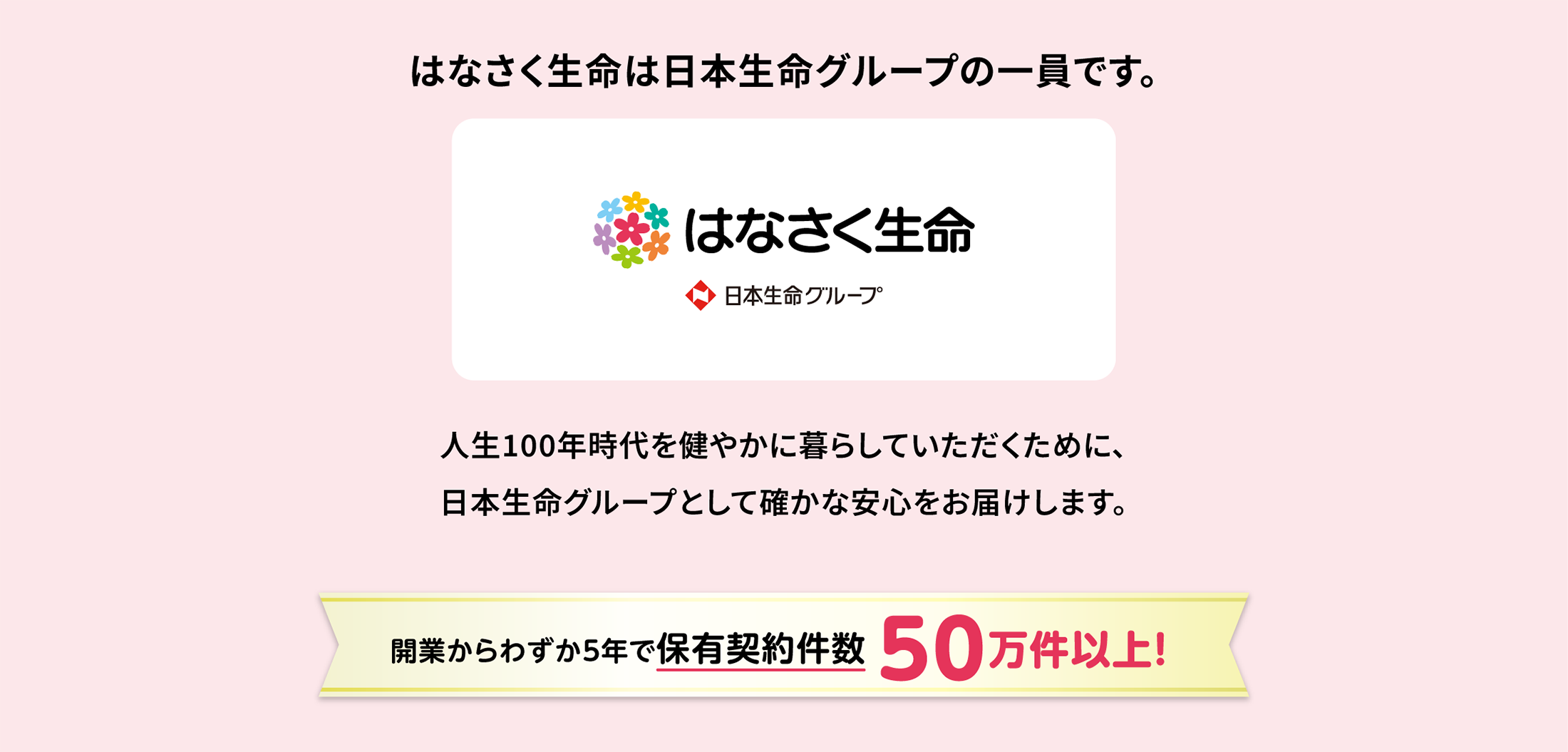 はなさく生命は日本生命グループの一員です。 はなさく生命 日本生命グループ 人生100年時代を健やかに暮らしていただくために、日本生命グループとして確かな安心をお届けします。 開業からわずか5年で保有契約 件数50万件突破!