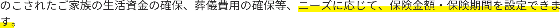 のこされたご家族の生活資金の確保、葬儀費用の確保等、ニーズに応じて、保険金額・保険期間を設定できます。