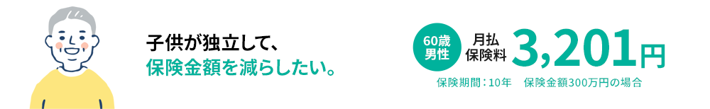 子供が独立して、保険金額を減らしたい。60歳男性月払保険料3,201円保険期間：10年保険金額300万円の場合