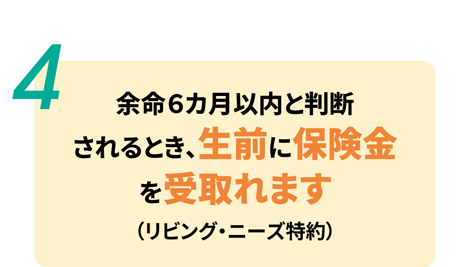 余命6カ月以内と判断されるとき、生前に保険金を受取れます（リビング・ニーズ特約）